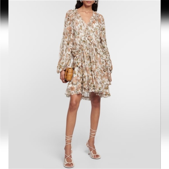 Zimmermann Chintz Floral Crêpe Georgette Mini Dress 0 US 3 Brown Ruffle - Picture 1 of 14